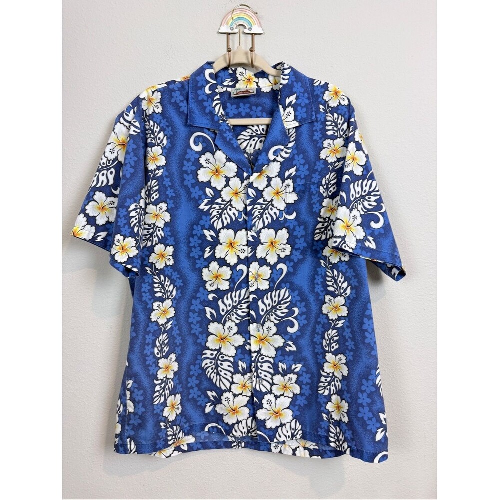 Vintage Evergreen Island Blue Floral Hawaiian Button-Down Shirt XL